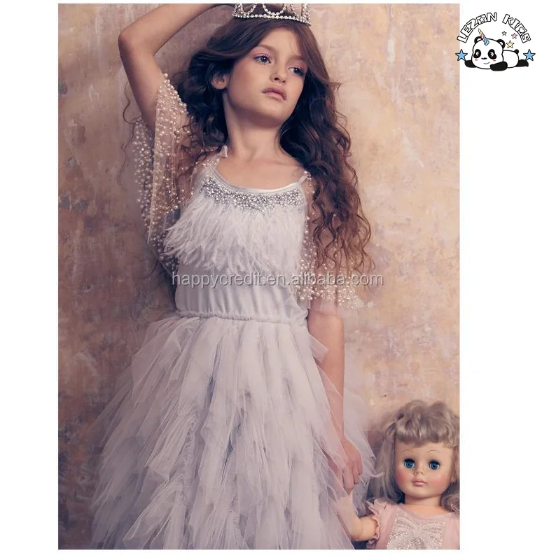 LEZONKIDS - OEM Girls Bead Goose Feather Pink Dress Kids Ballet Performance Party Dress Evening Party Princess Dress for Kids